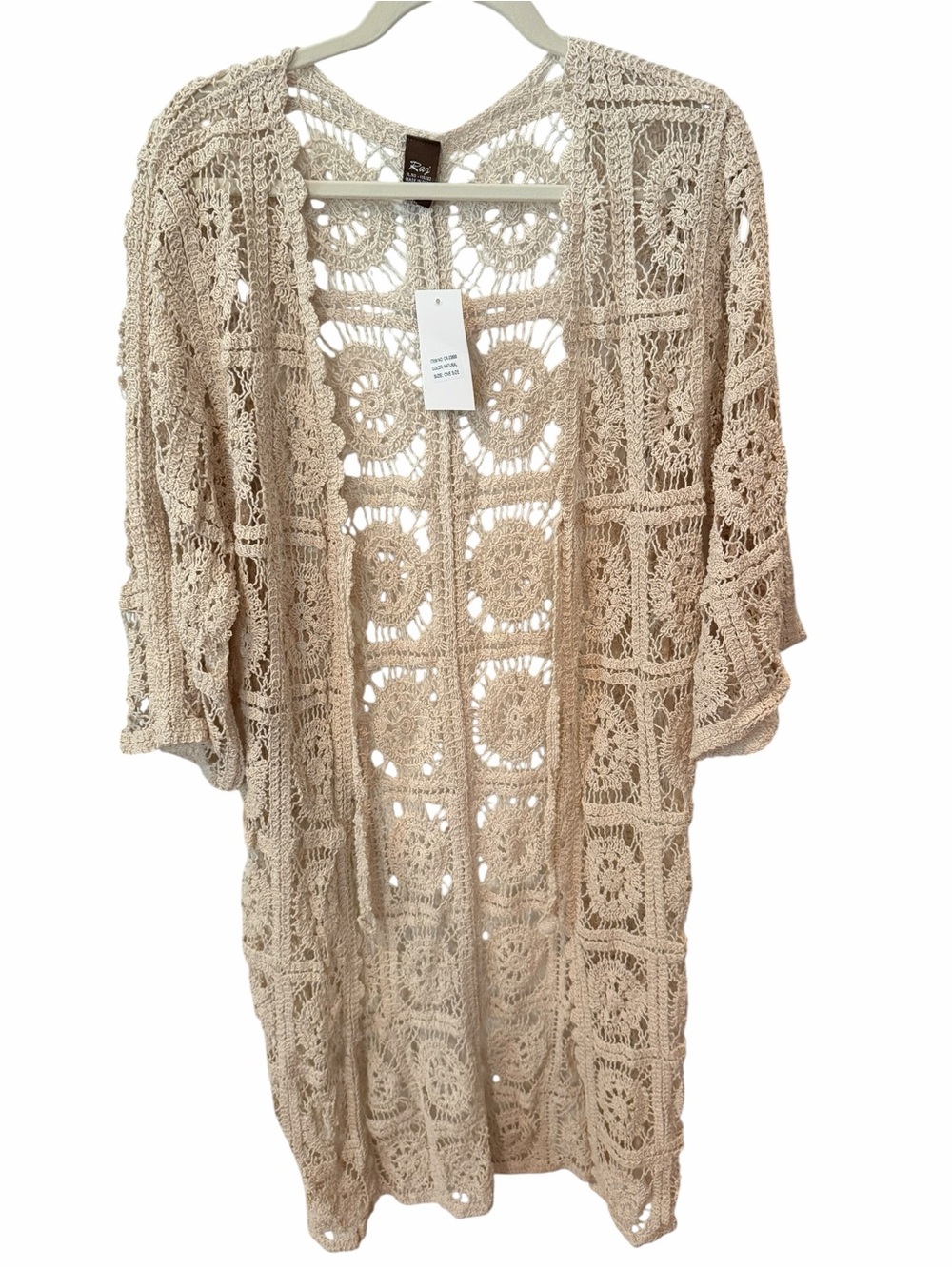 Raj Natural Crochet Long Open Front Duster Cardigan One Size NWT